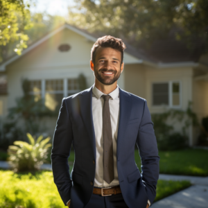 Real estate agent standing in front of home